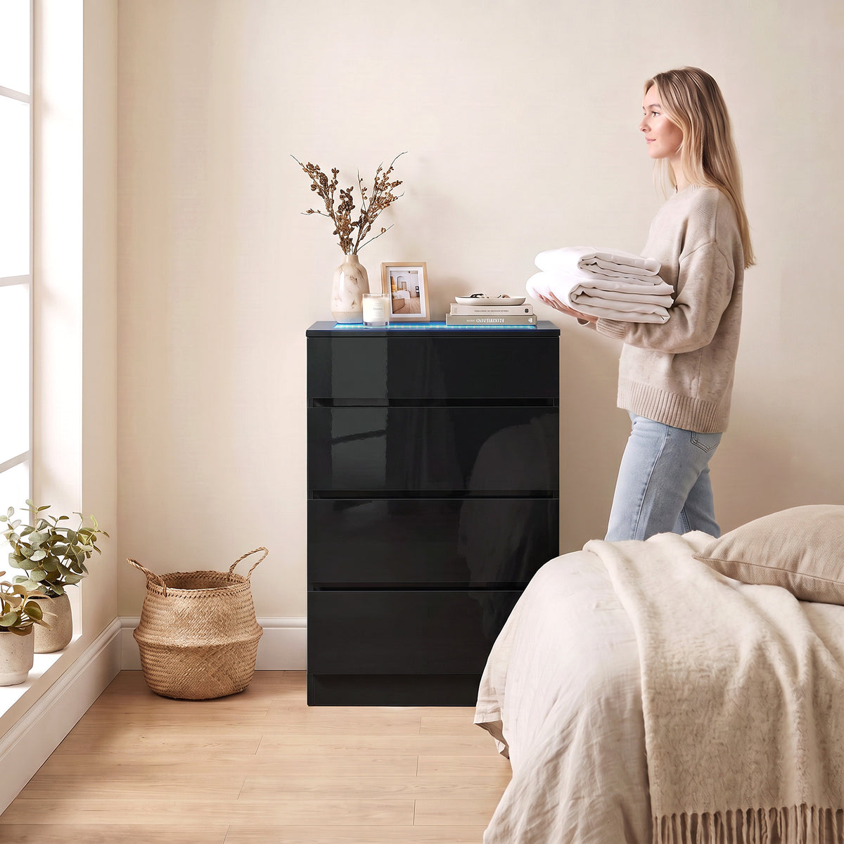 Homcom High Gloss Dresser With Tempered Glass Top And Rgb Led Lights Black