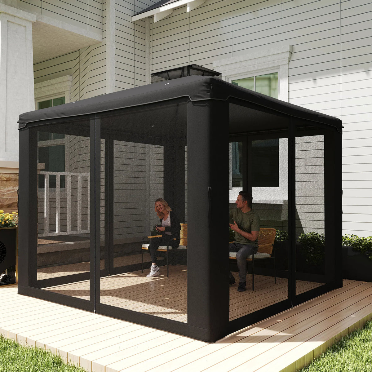 Black outdoor metal gazebo pavilion with double roof and mesh sidewalls, open entrance