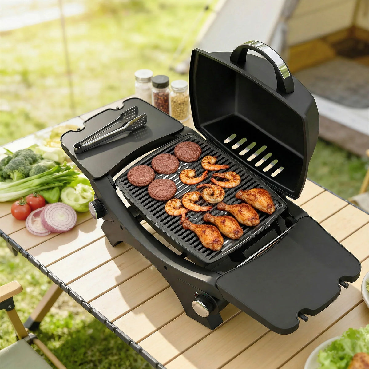 Black gas grill with lid open, food cooking on cast-iron style grates