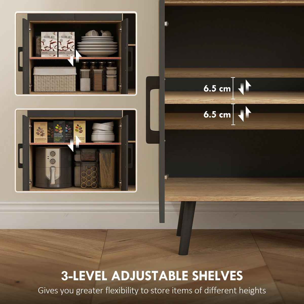 Black kitchen cupboard with oak interior shelves and adjustable storage compartments
