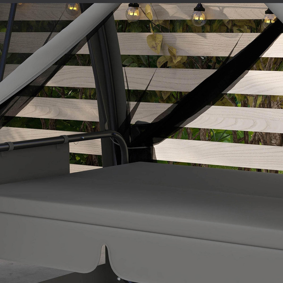 Grey zippered mesh curtain support and canopy top with padded seat base
