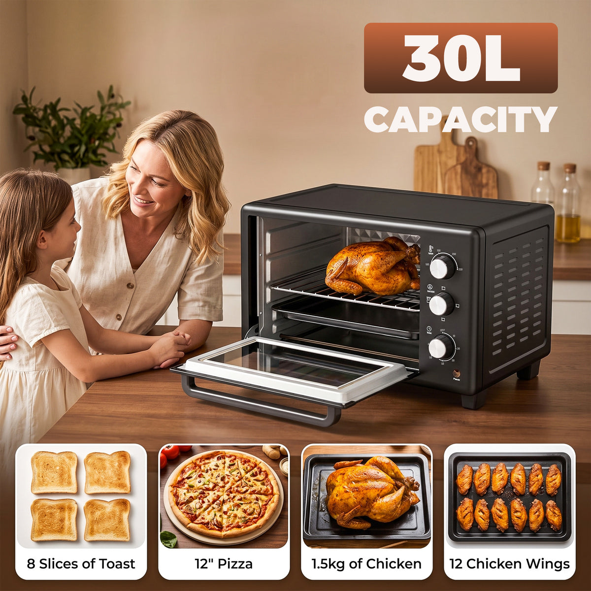 Black 30L mini oven countertop cooker with open door showing roasted food