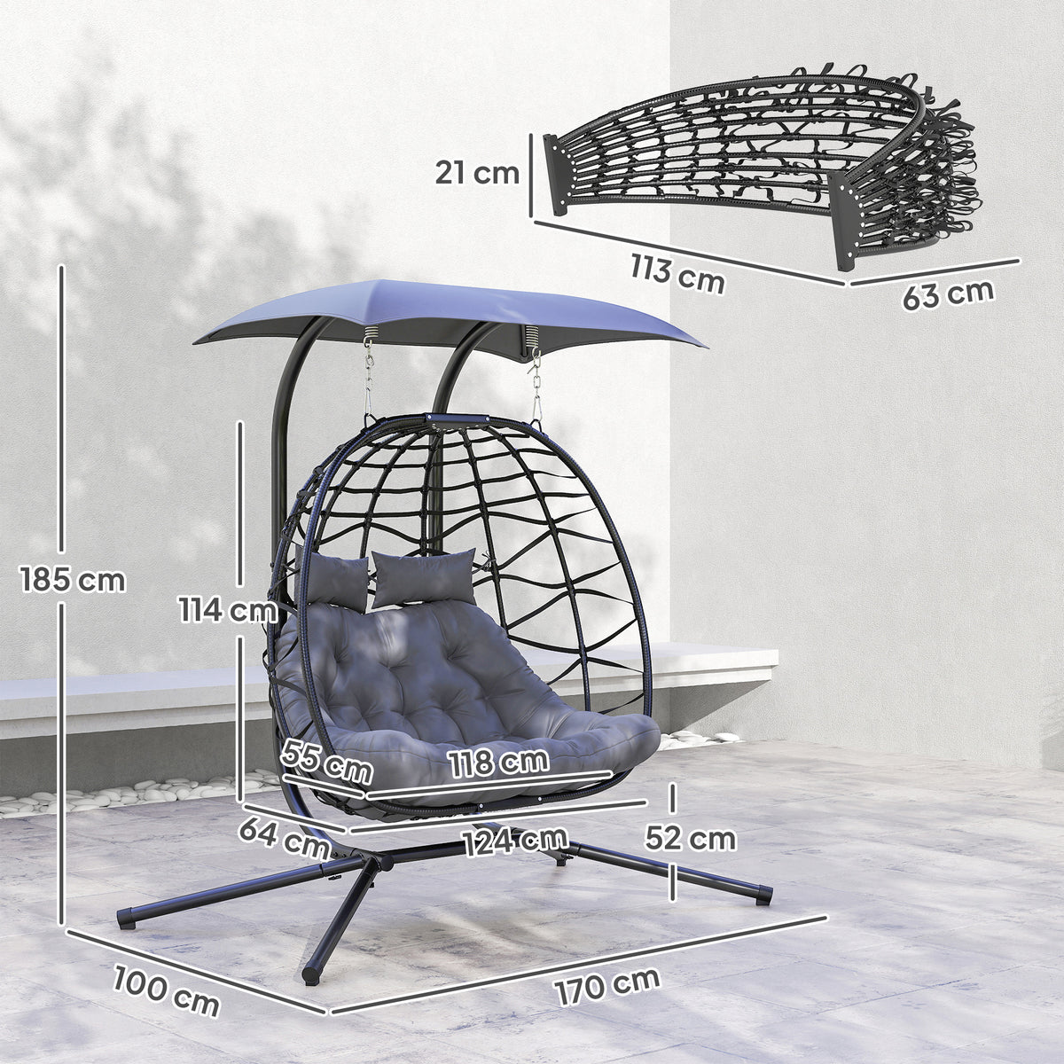 Double hanging egg chair with canopy and gray tufted cushion, black woven rattan frame