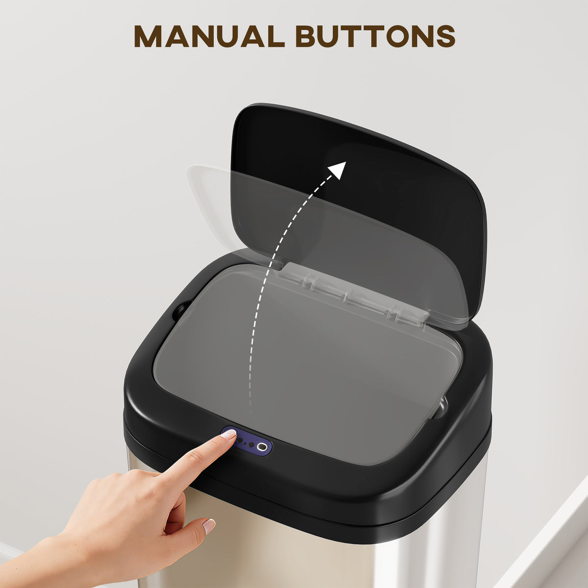 Stainless steel sensor trash bin with manual buttons on lid and interior opening