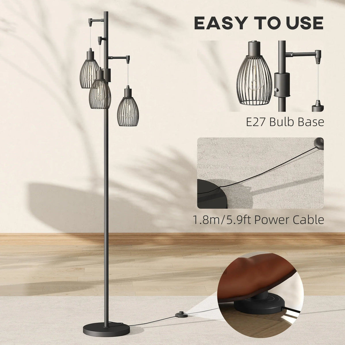 Black tall floor lamp with three wire cage shades and round base