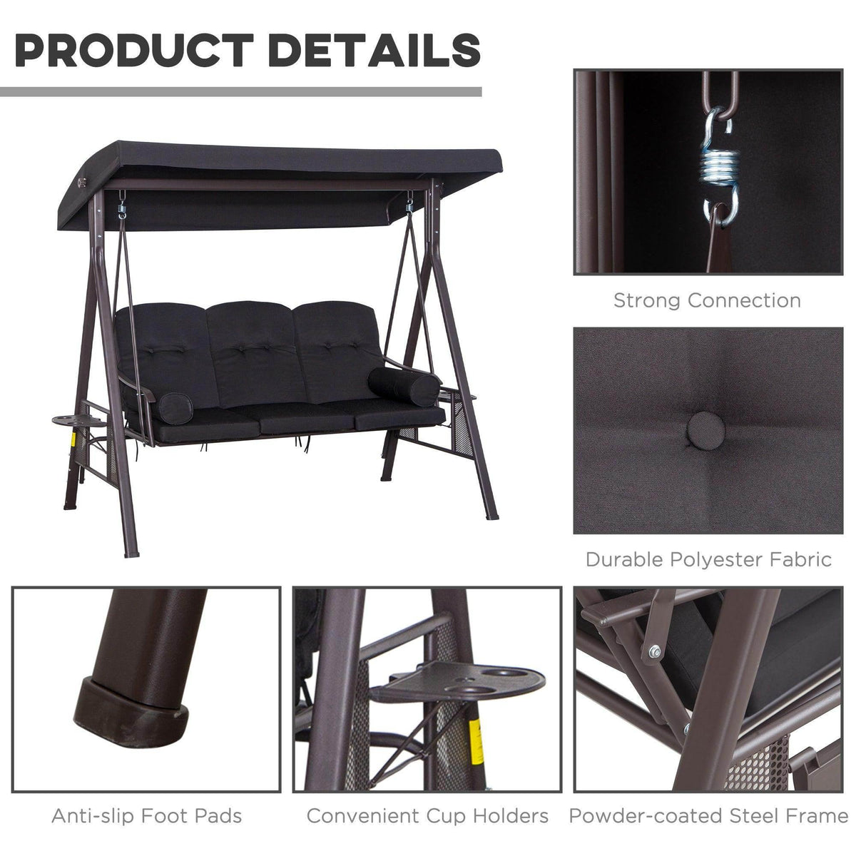 3-seat patio swing bench detail showing cup holders and durable polyester fabric