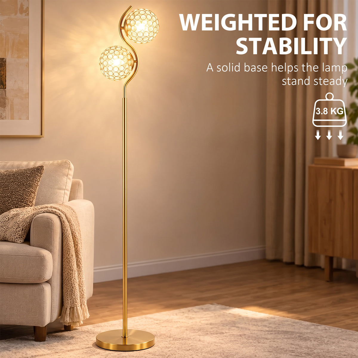 Dual head floor lamp with weighted round base and two crystal globe shades on pole