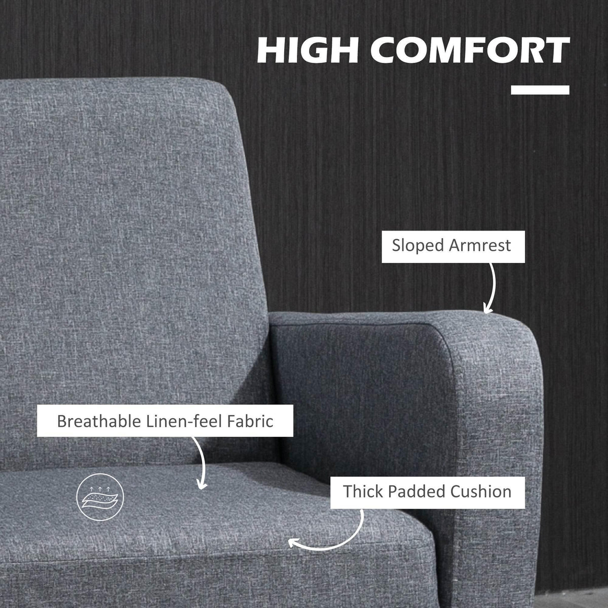 Grey upholstered armchair showing sloped armrest and thick padded seat cushion