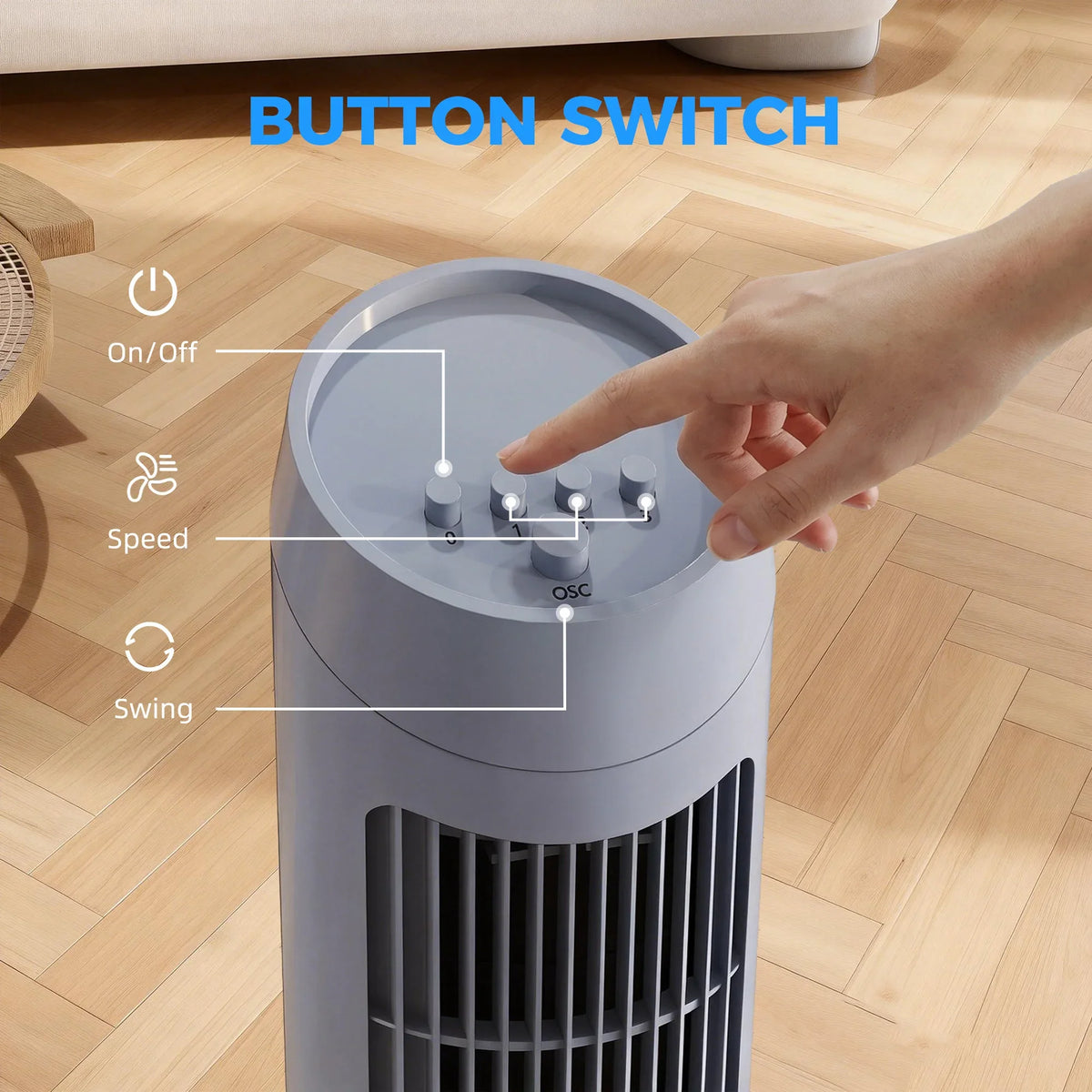Grey tower fan control area with button switches on top housing