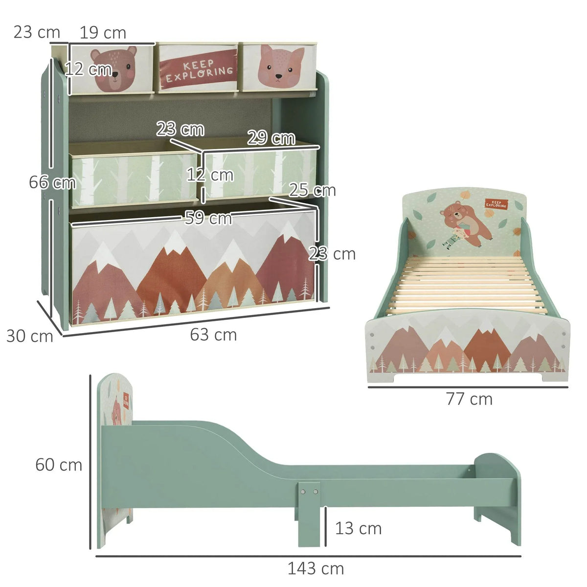 Green toddler bed frame with storage shelf, shown with measurements and bins