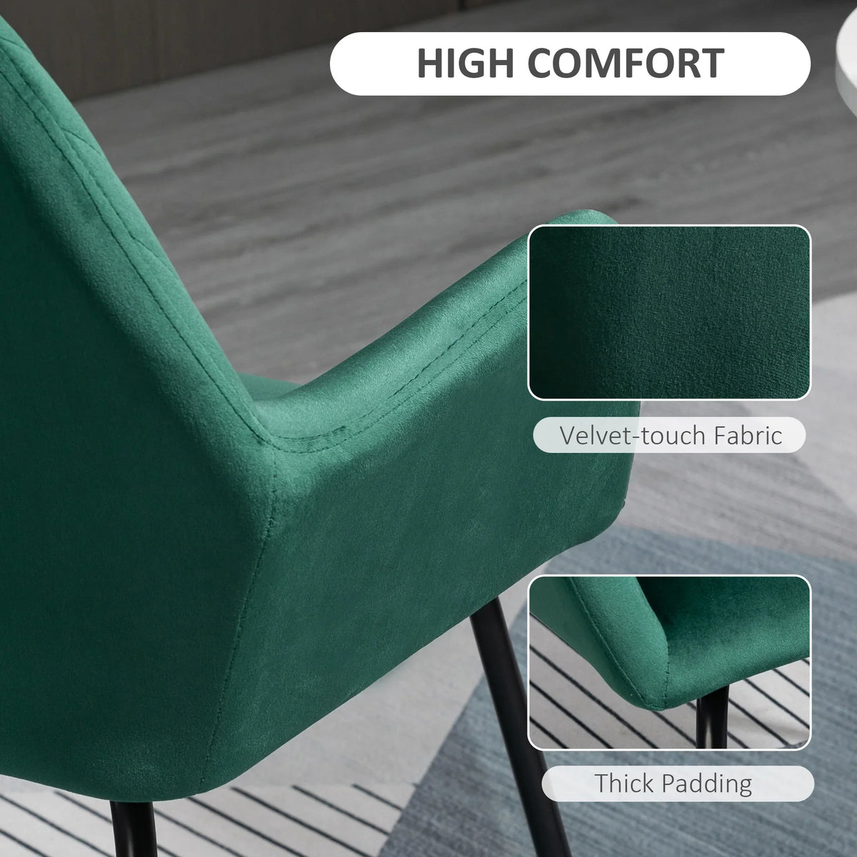 Green arm chair close-up of curved armrest with velvet-touch upholstery and thick padding