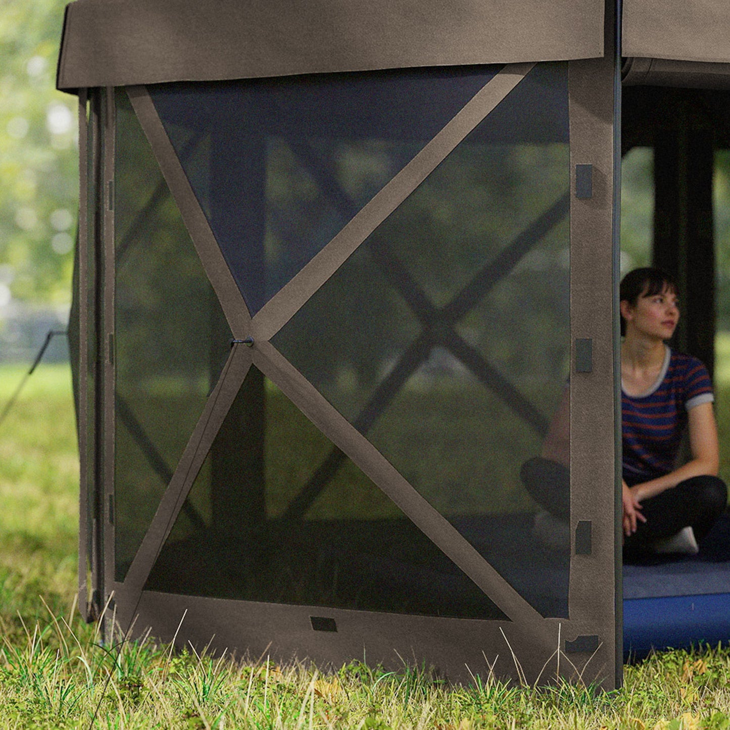 Outsunny 3x3m Hexagon Pop Up Gazebo With 5 Sides Carry Bag Waterproof UV Resistant Garden Patio Tent Brown