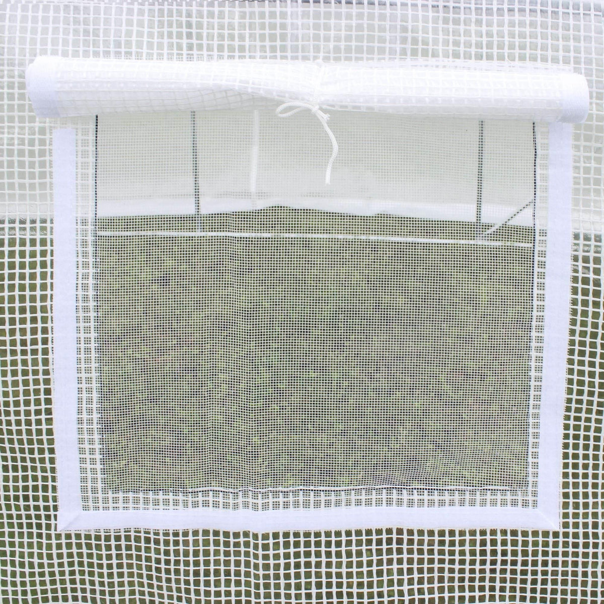 White walk-in greenhouse PE cover with a front rectangular window panel and zippered opening