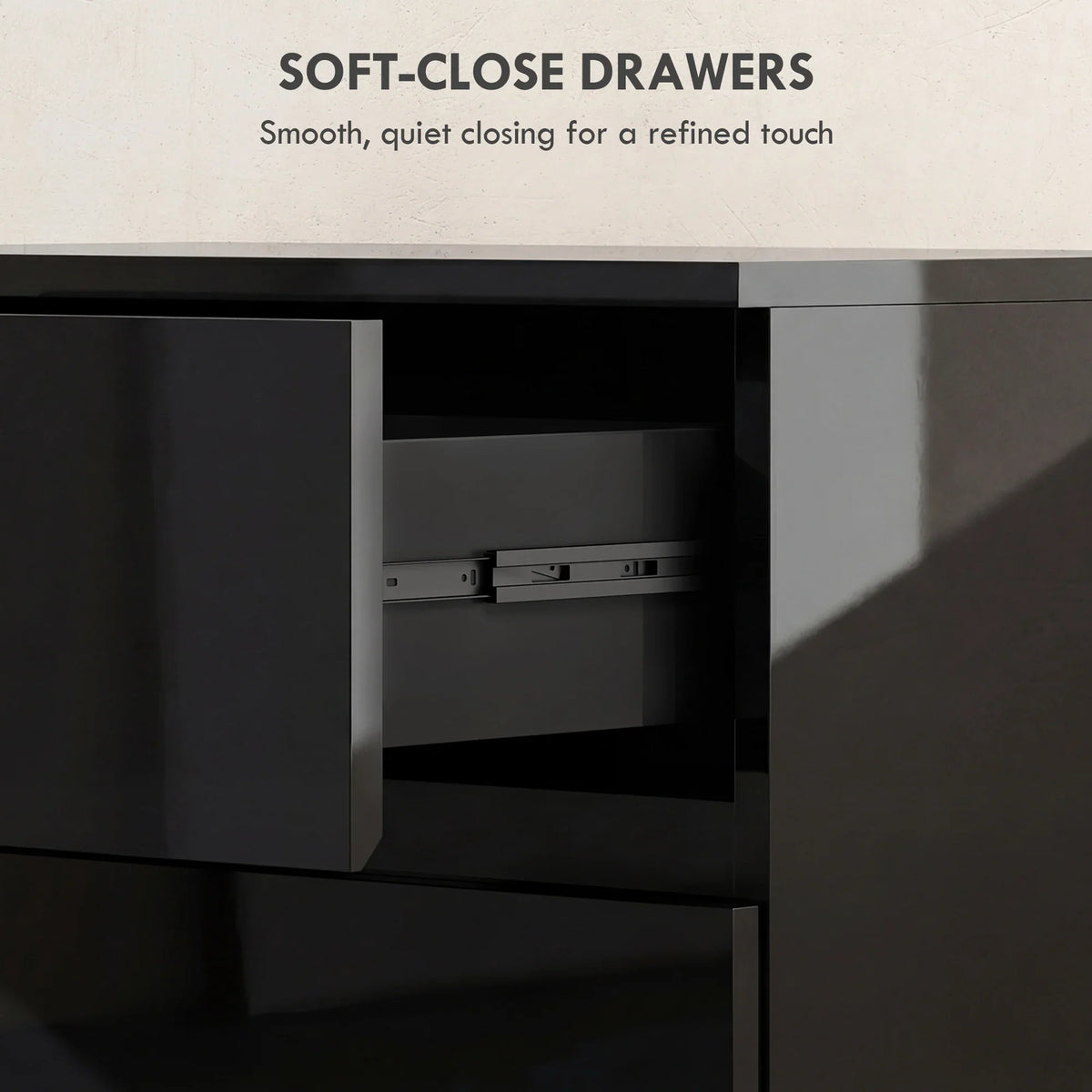 Black dresser drawer opening with metal slides and soft-close hardware