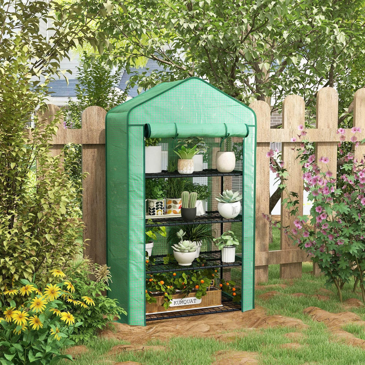 Green compact four-tier garden greenhouse with PE plastic cover and black wire shelves