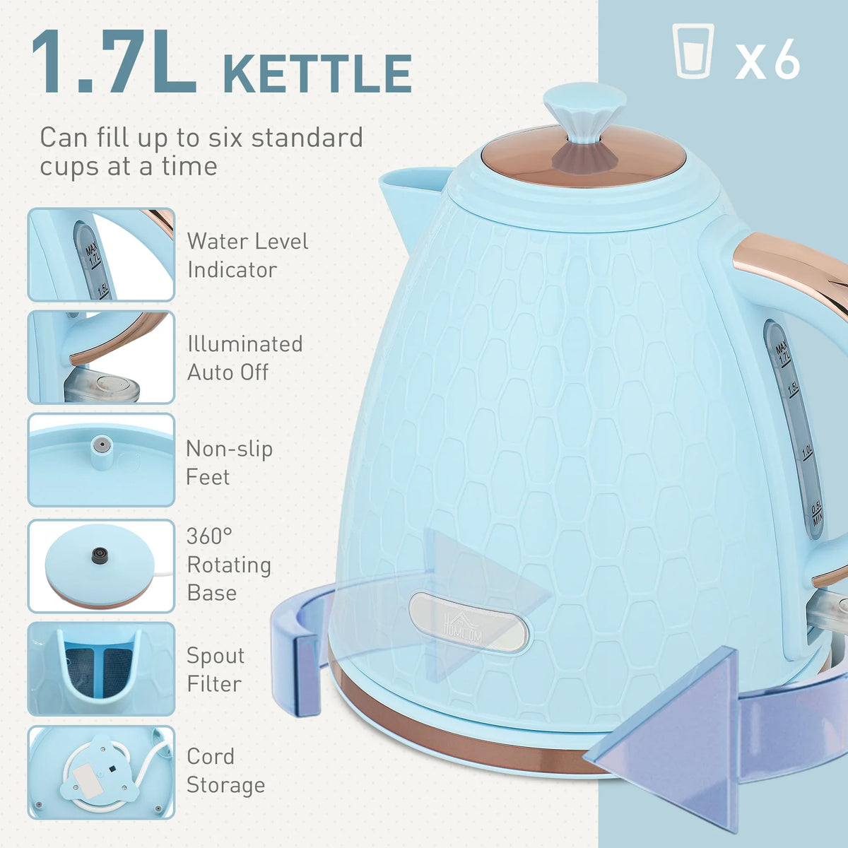 Light blue electric kettle with domed lid, water-level indicator, and auto-off indicator