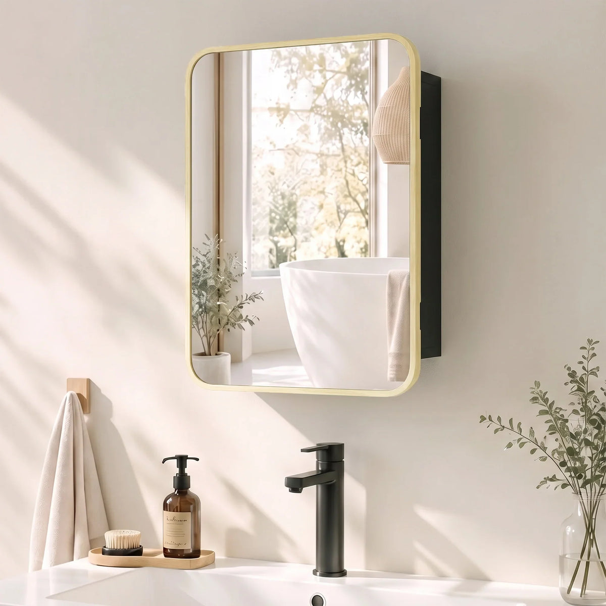 Wall-mounted medicine cabinet with mirror and natural wood frame, hinged open door