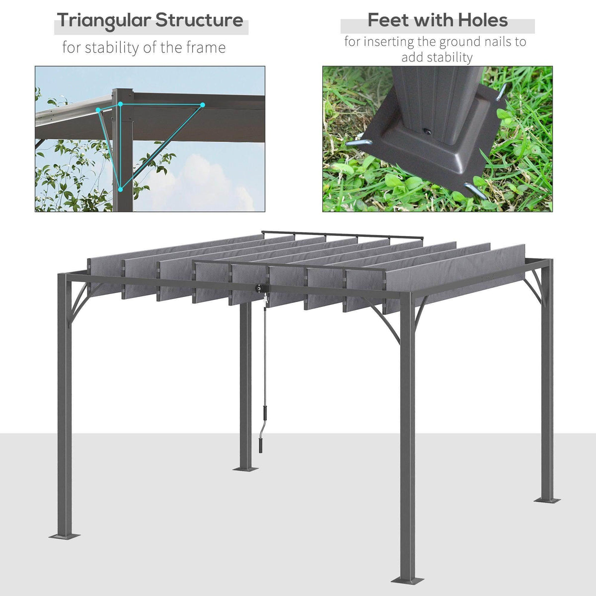 Grey aluminum pergola frame with louvered roof slats and ground-fit feet with holes