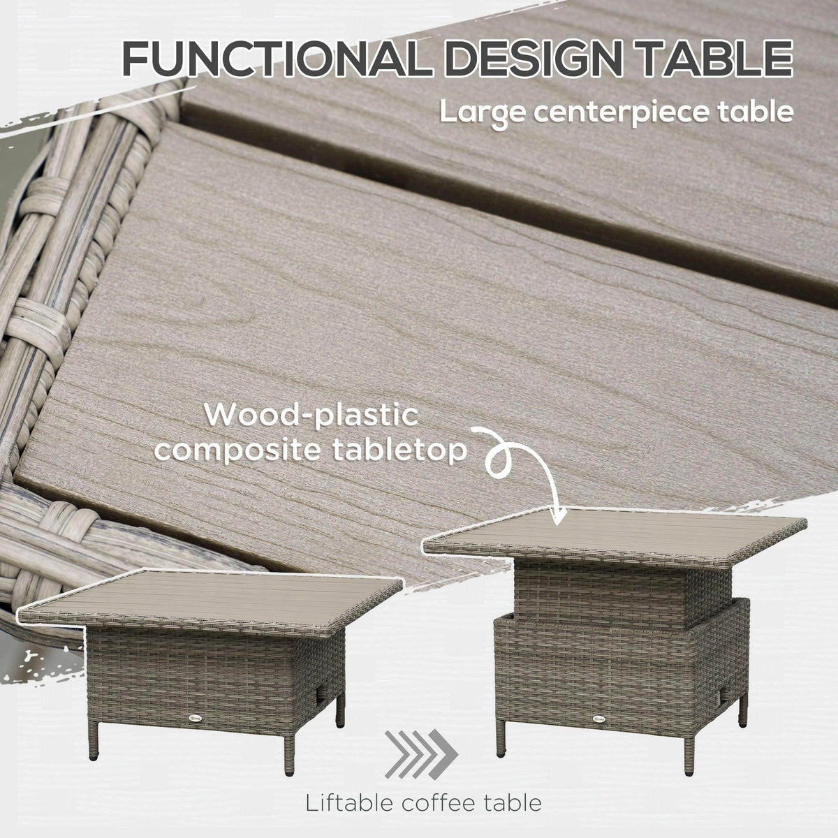 Rattan-style liftable coffee table with composite tabletop, light gray