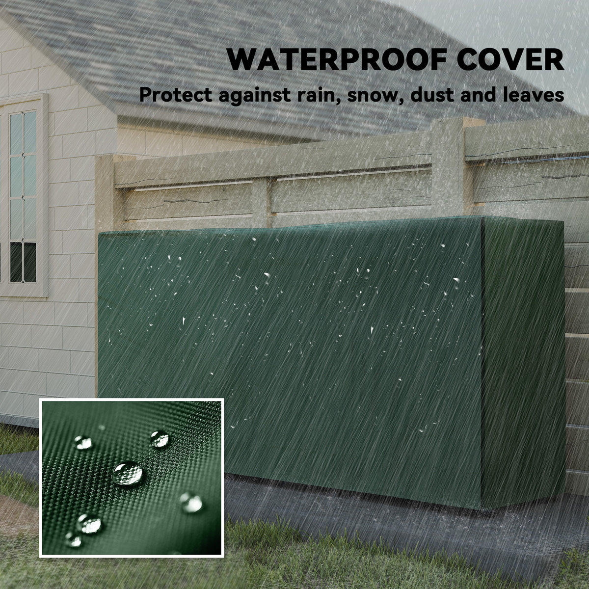 Waterproof dark green cover for firewood rack with water droplets texture and covered logs.