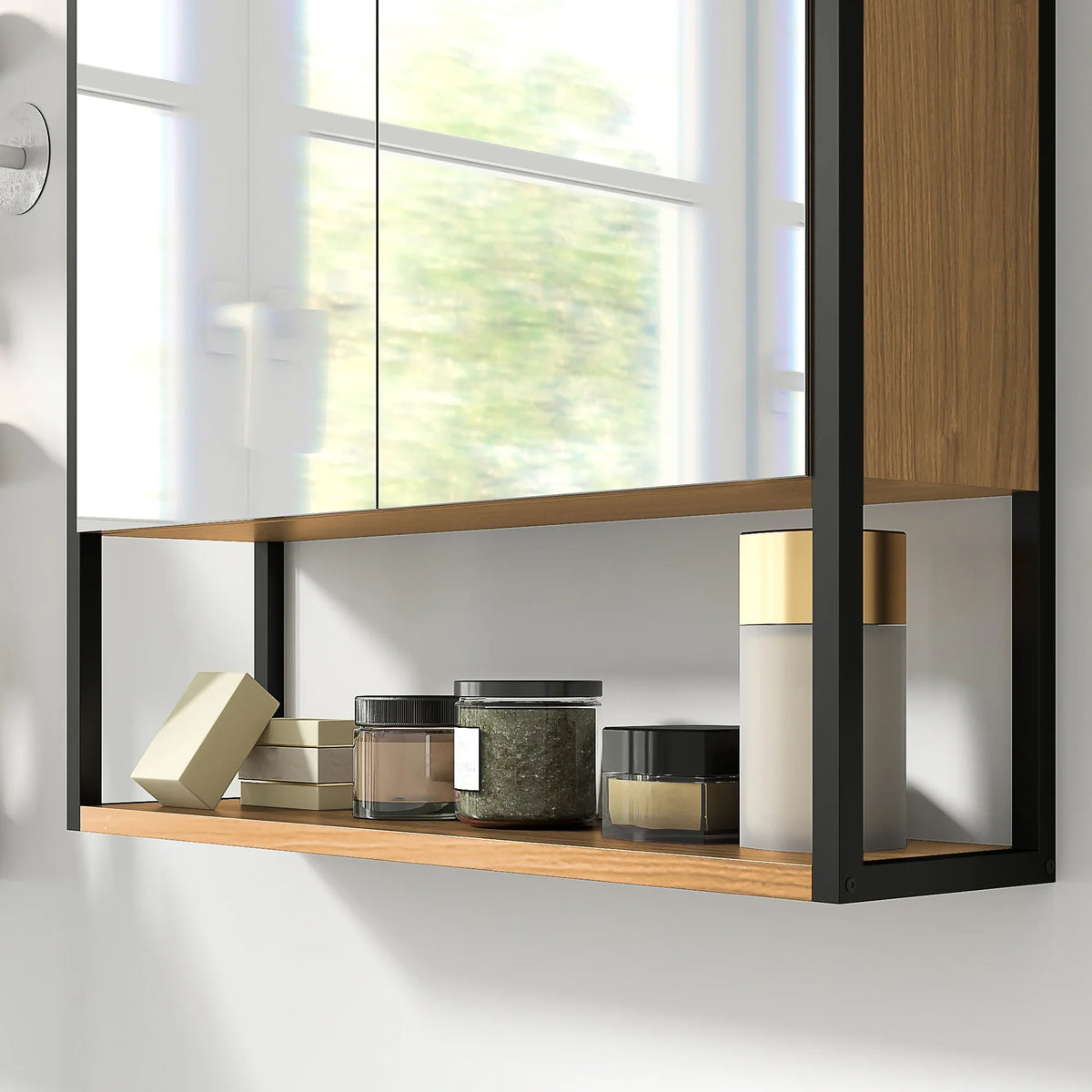 Bathroom mirror cabinet interior with wood shelves behind two mirrored door panels