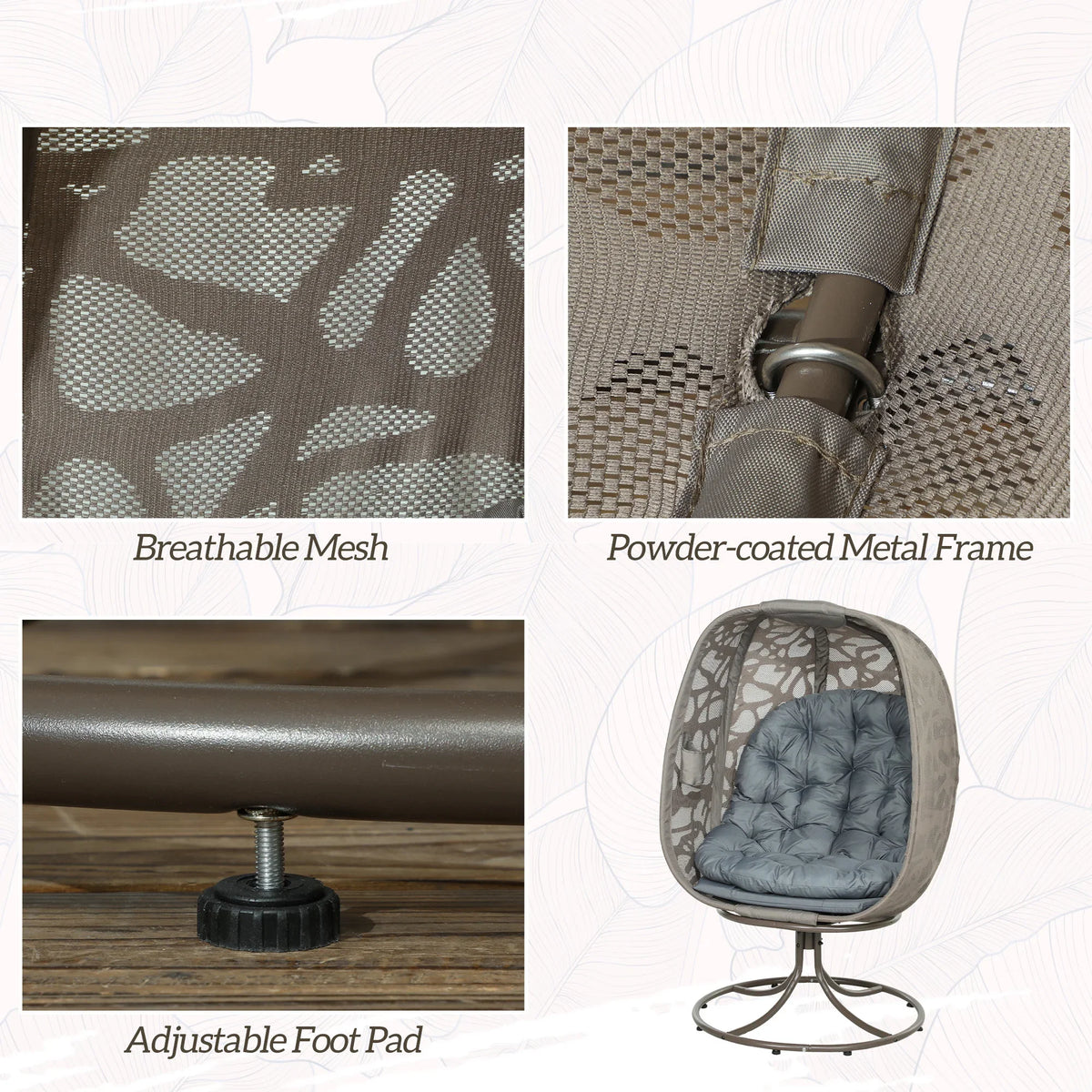 Swivel egg chair details: breathable mesh canopy, powder-coated metal frame, adjustable pad