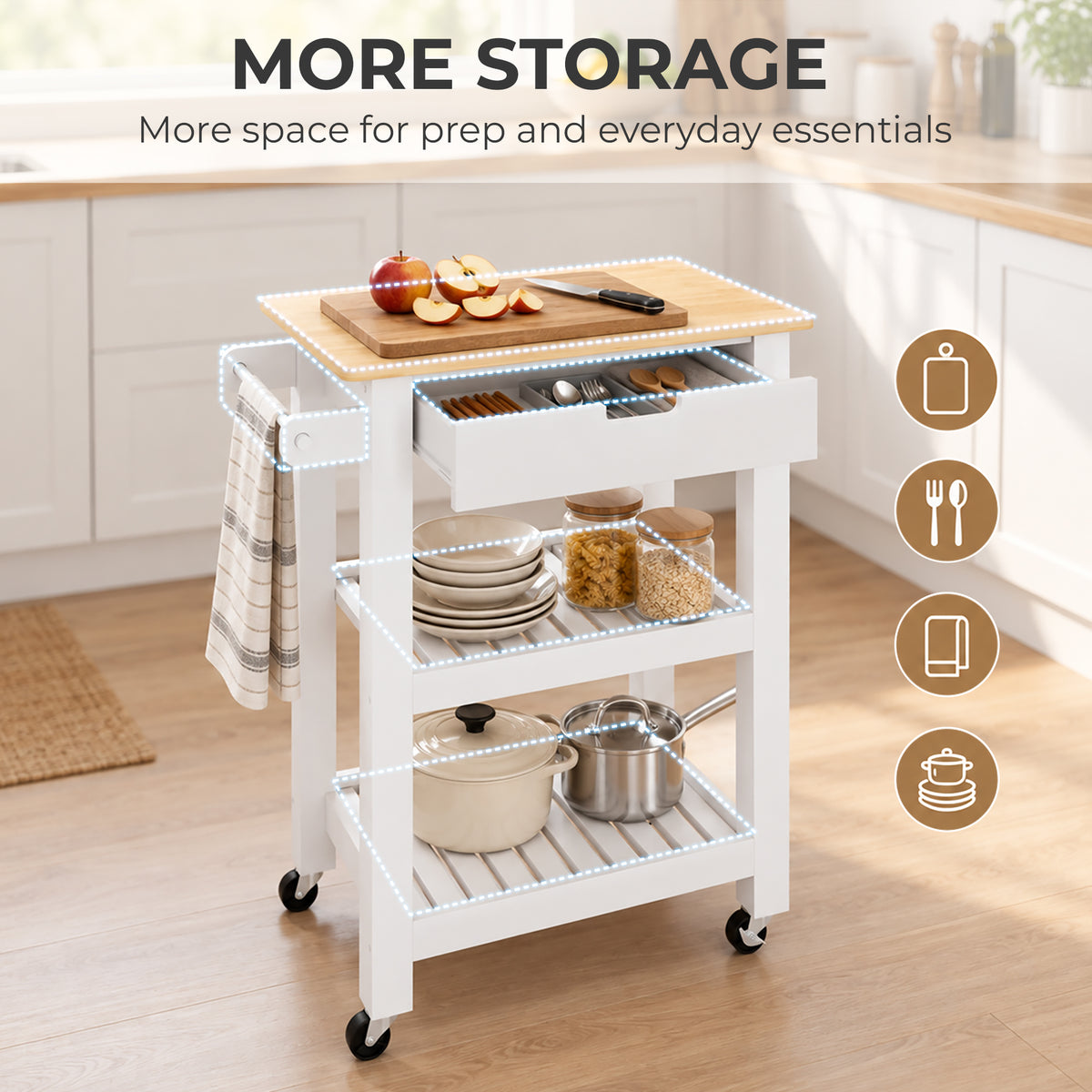 HOMCOM Kitchen Rolling Trolley With Rubberwood Top And Drawer