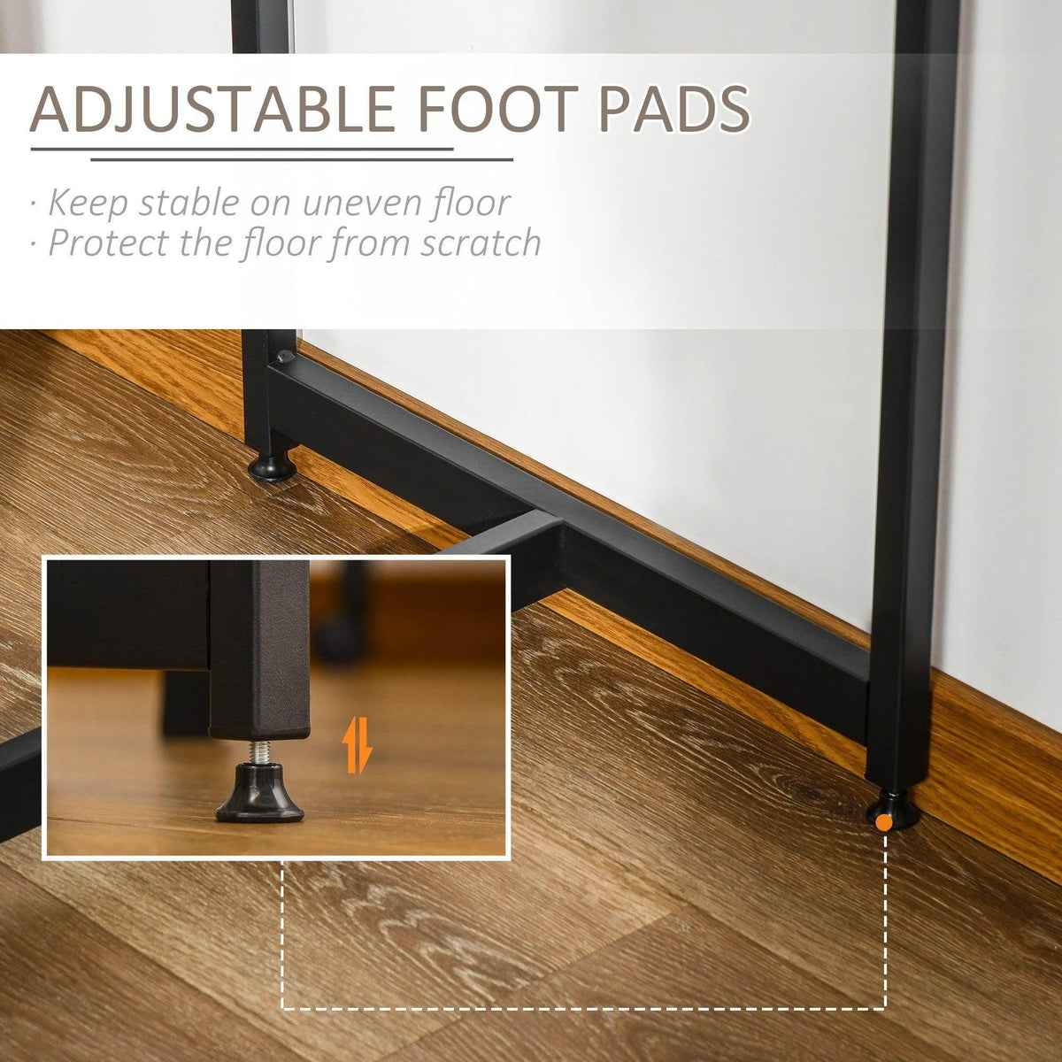 Bar table with adjustable foot pads for stable support on uneven floors