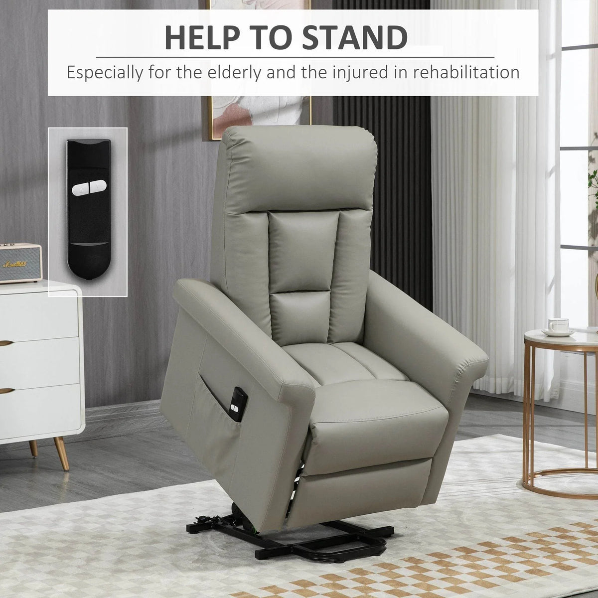 Grey electric lift recliner chair in upright position for standing support