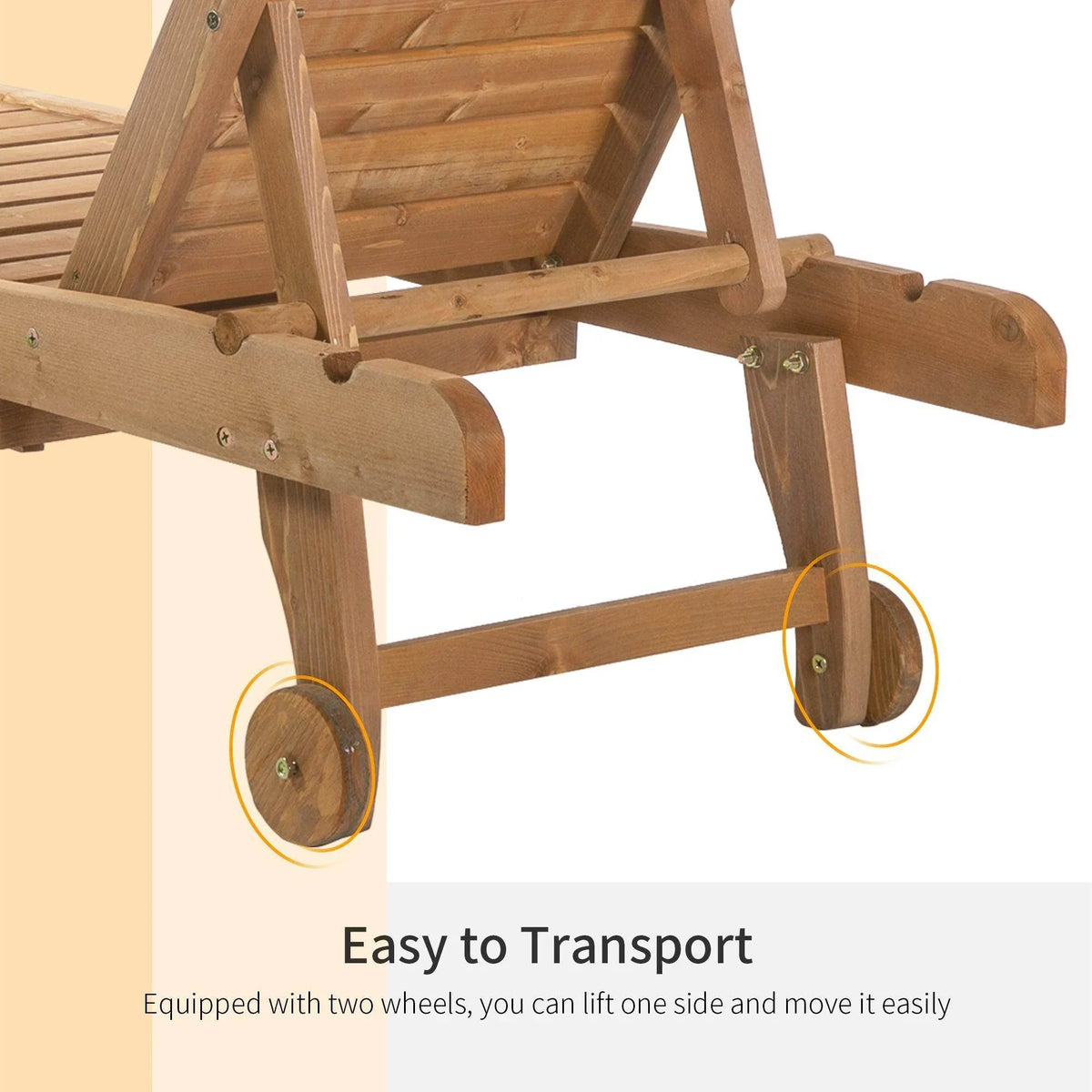 Wooden lounger chair with large wheels and adjustable backrest