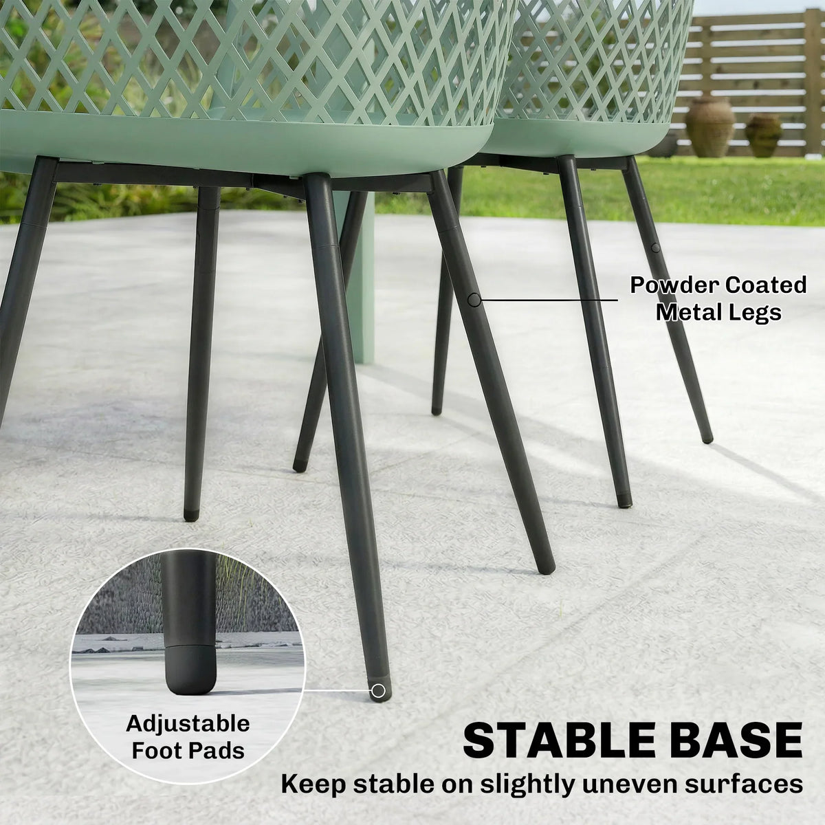 Mint green patio chair legs with powder-coated metal supports and adjustable foot pads