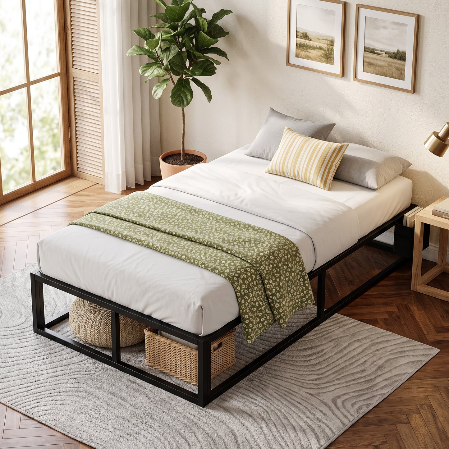 HOMCOM Black Metal Platform Bed Frame With 12 Slats And Storage Bag