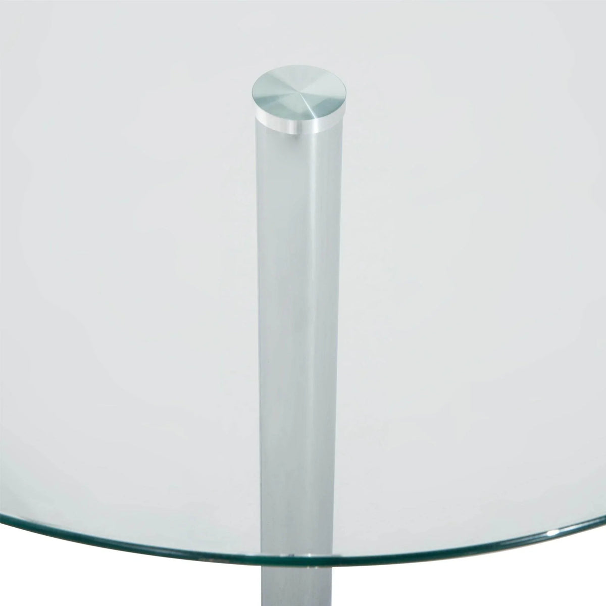 Clear round glass tabletop with central steel pedestal support column.