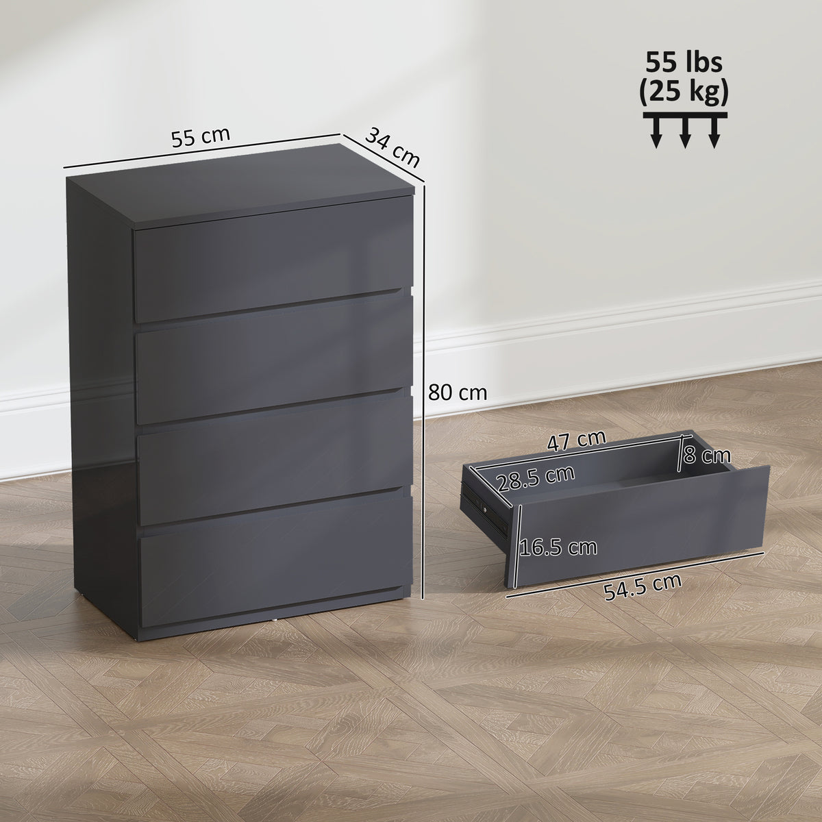 Dark grey high-gloss 4-drawer dresser cabinet with three visible drawer fronts, side view