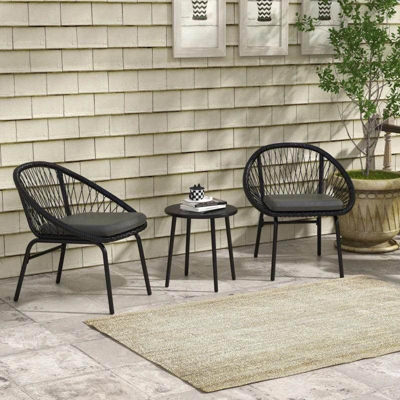 Outsunny 3-piece black rattan bistro set: 2 armchairs with cushions and round table