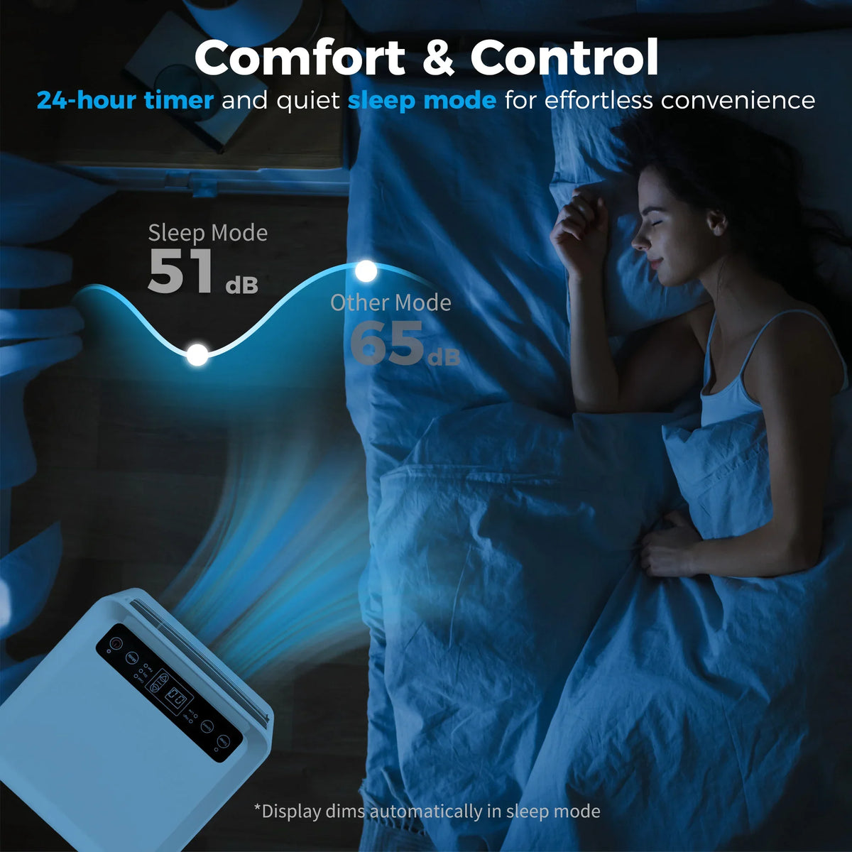 White portable air conditioner and remote control near sleeping person in bed