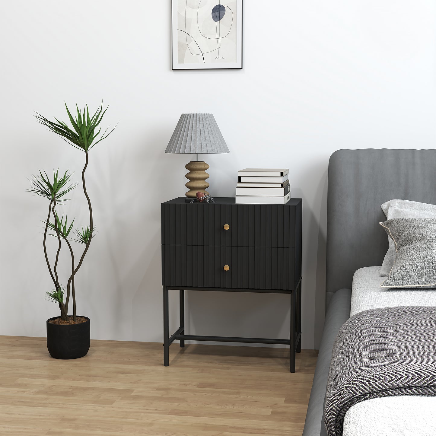 HOMCOM Elegant Two Drawer Bedside Table Black With Ridged Fronts And Gold Tone Handles Metal Base Nightstand