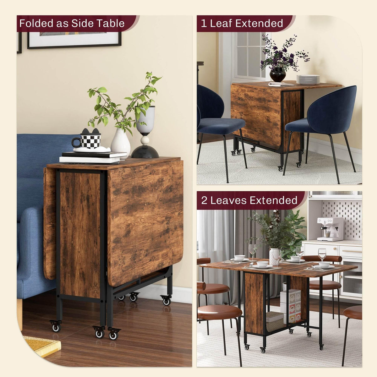 Rustic brown folding dining table with storage, shown folded and extended with extra leaves