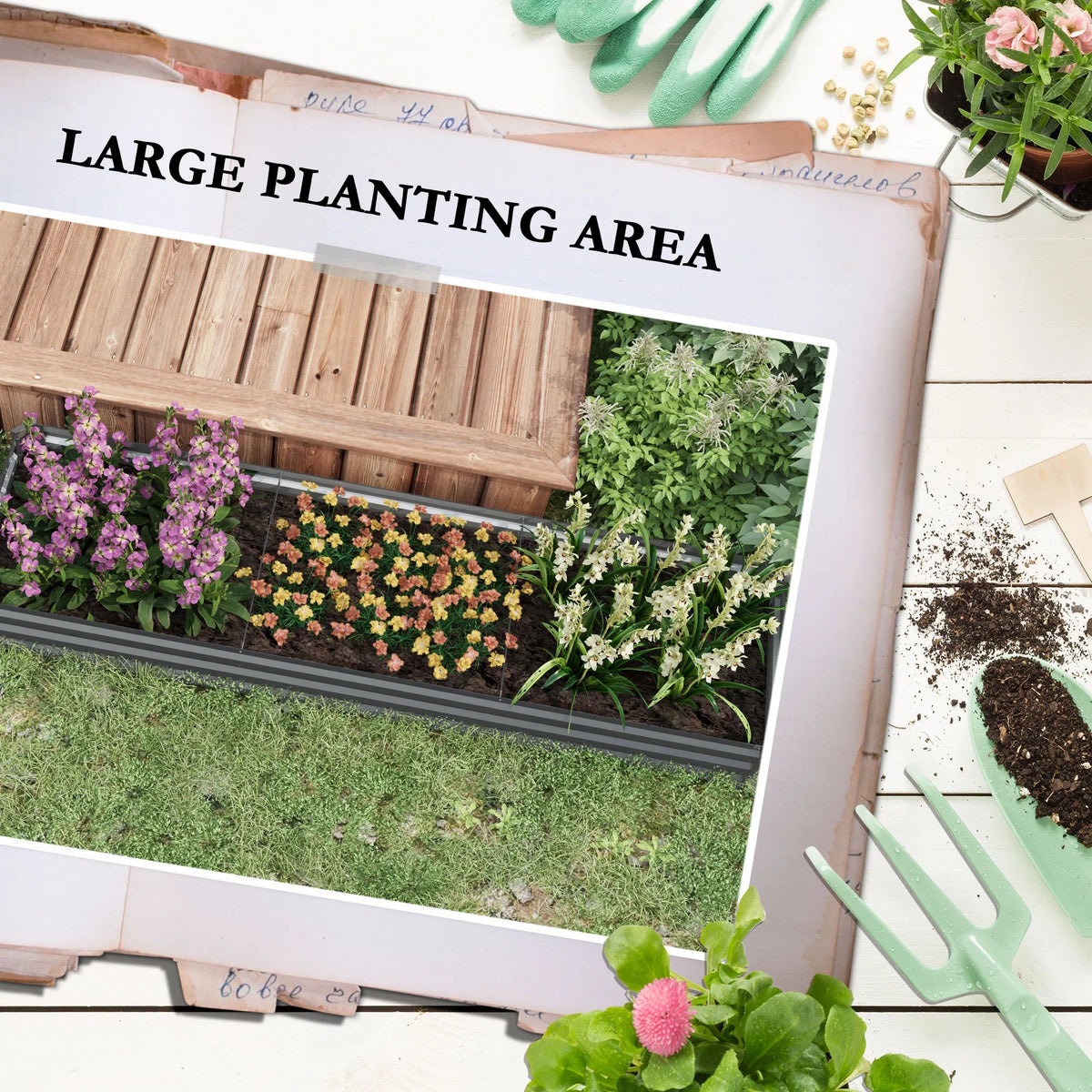 Outdoor galvanized steel planter box filled with colorful flowers and green plants along a fence