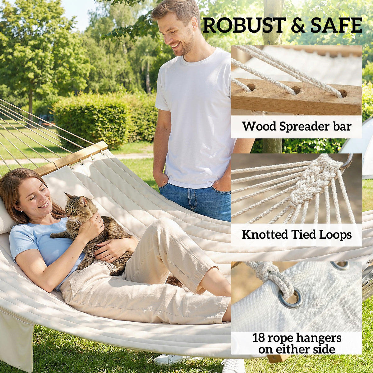 Double hammock bed with rope loops and wood spreader bar, shown with a cat