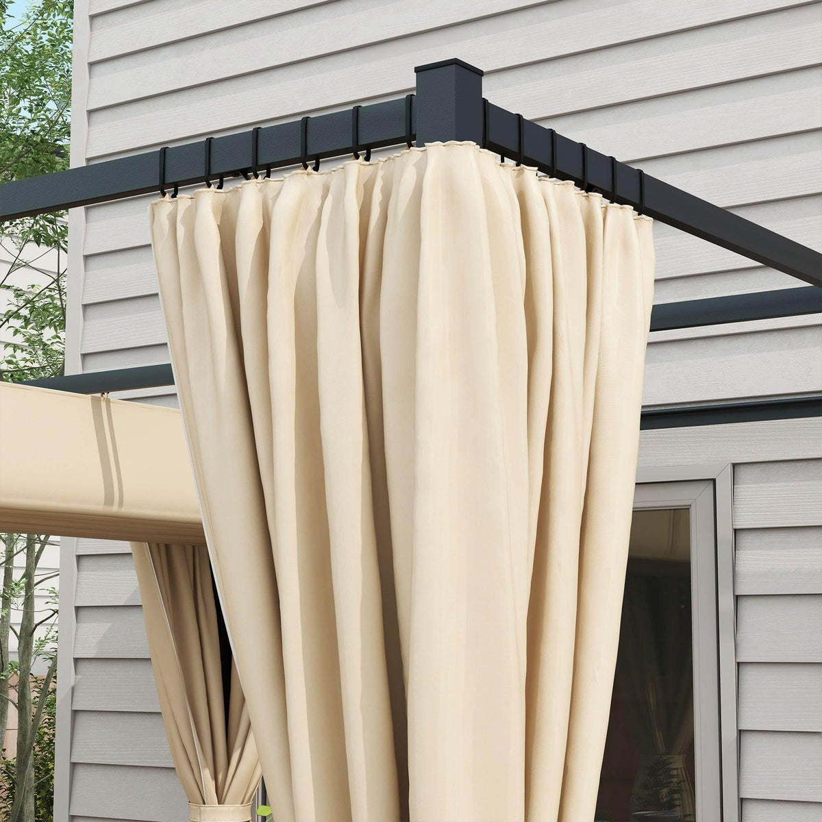 Retractable pergola with fully gathered beige curtains and black canopy frame