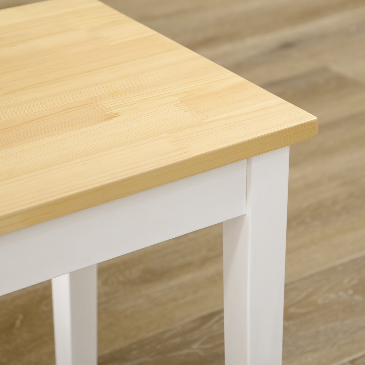 HOMCOM Farmhouse Dining Table and Bench Set with Pine Wood Frame Natural and White Finish for Kitchen and Dining Room