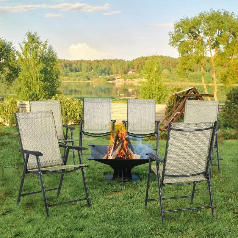 Set of 6 folding garden chairs with beige breathable mesh seats and dark metal frames