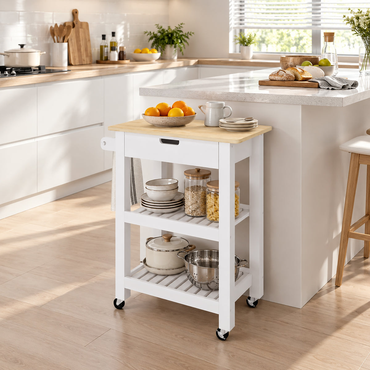 HOMCOM Kitchen Rolling Trolley With Rubberwood Top And Drawer