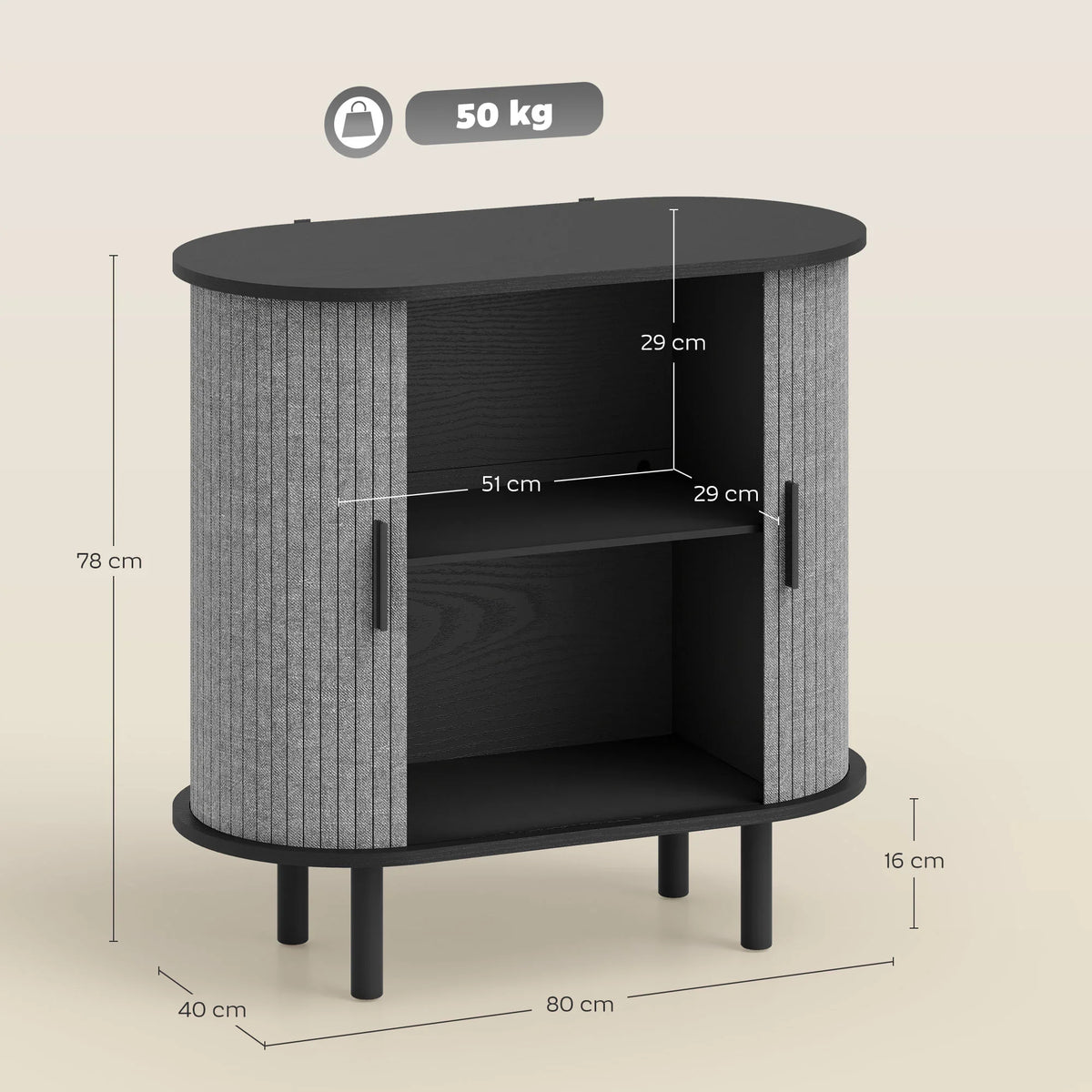 Grey rounded sideboard with fluted tambour doors, open storage shelf, black legs