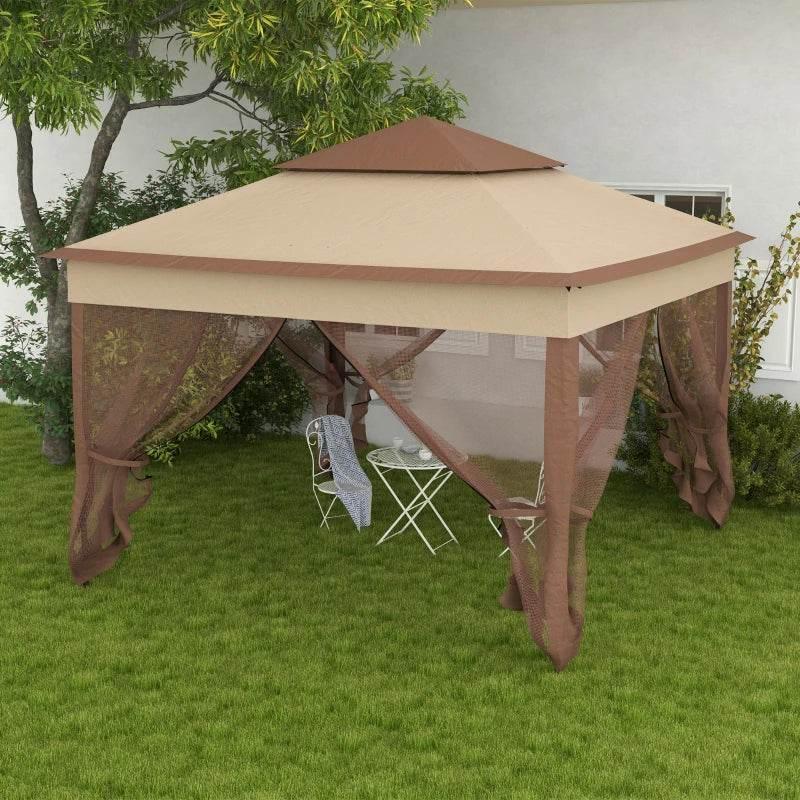 Portable pop-up gazebo with double roof and mesh side curtains, khaki-brown frame.