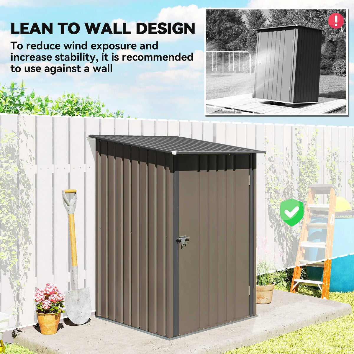 Lean-to wall steel garden shed in brown with front door and sloped roof