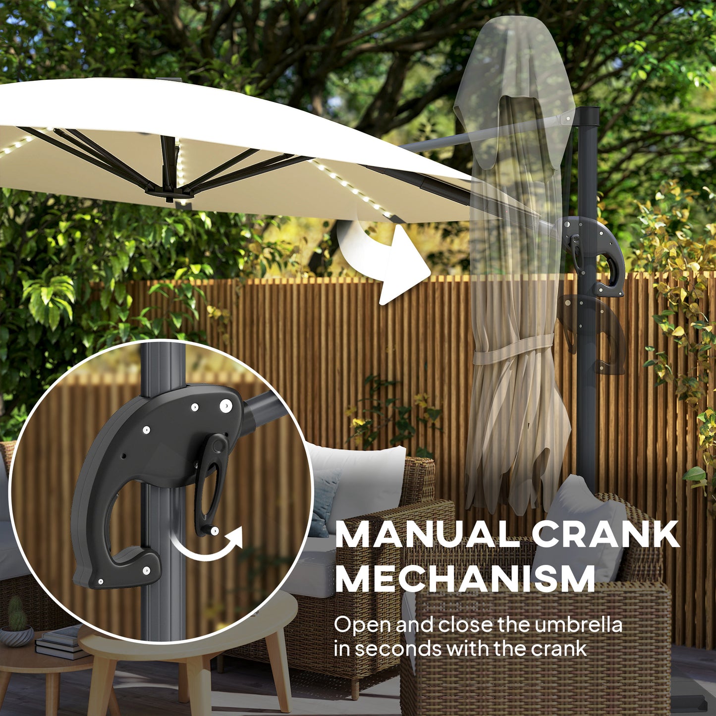 Outsunny 3m Cantilever Parasol With 360 Degree Rotation Solar Powered Lights Crank Handle Cross Base UPF 50 Cream