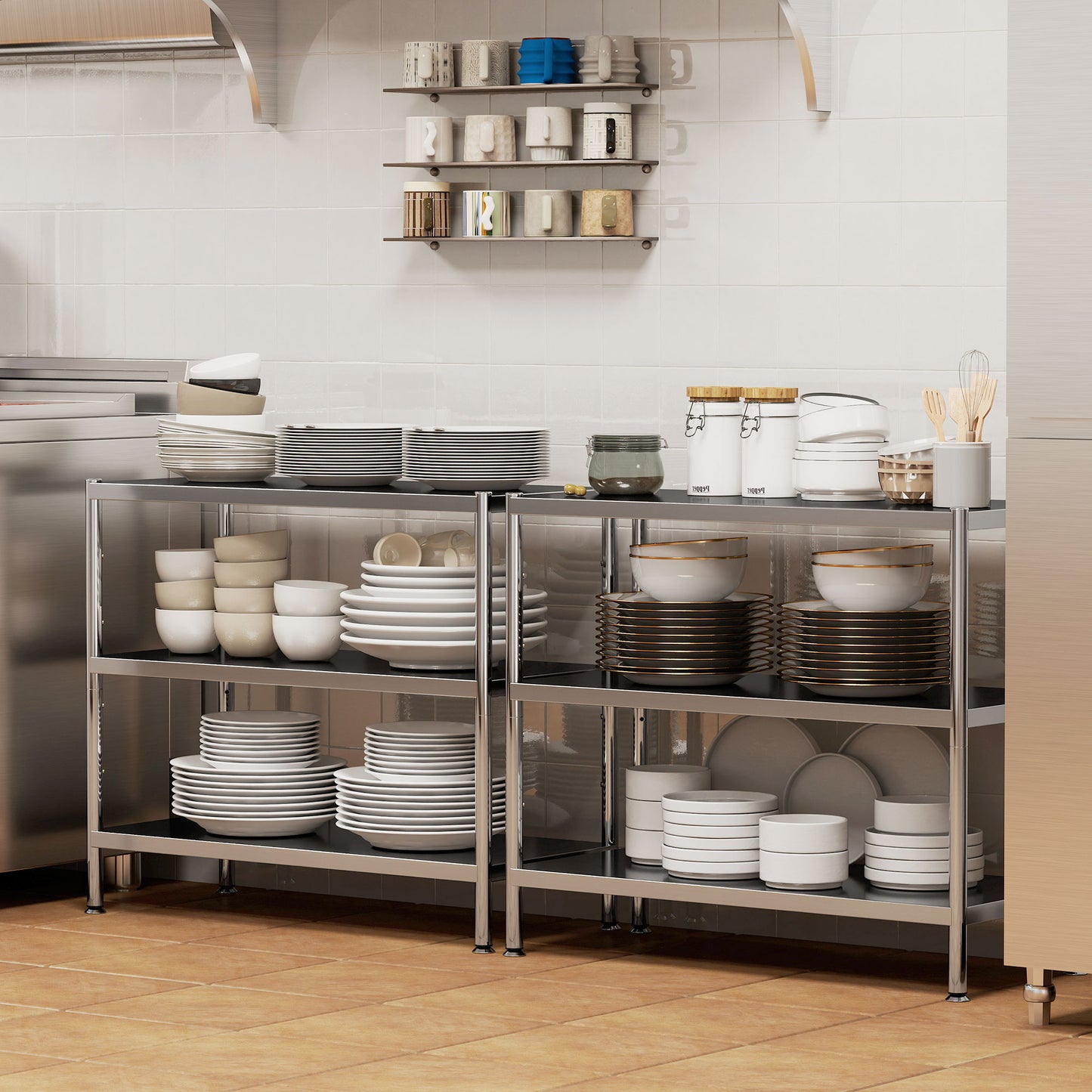 HOMCOM 3-Tier Bakers Rack With Storage Stainless Steel Microwave Stand Adjustable Shelves For Small Spaces Silver Tone
