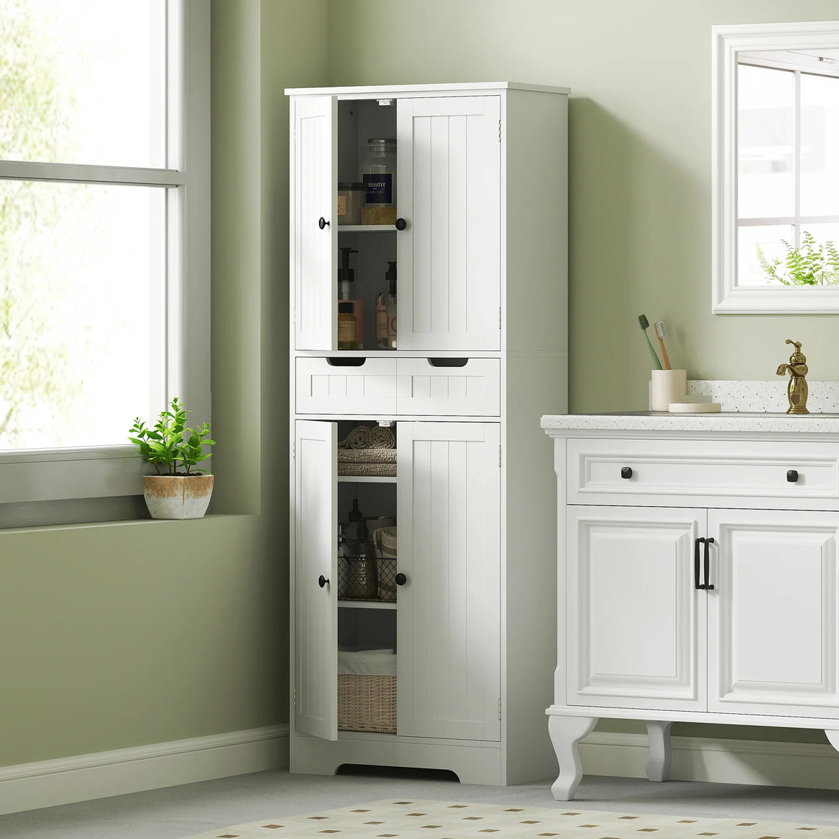 White tall bathroom storage cabinet with drawer and two cupboard doors, open shelves inside